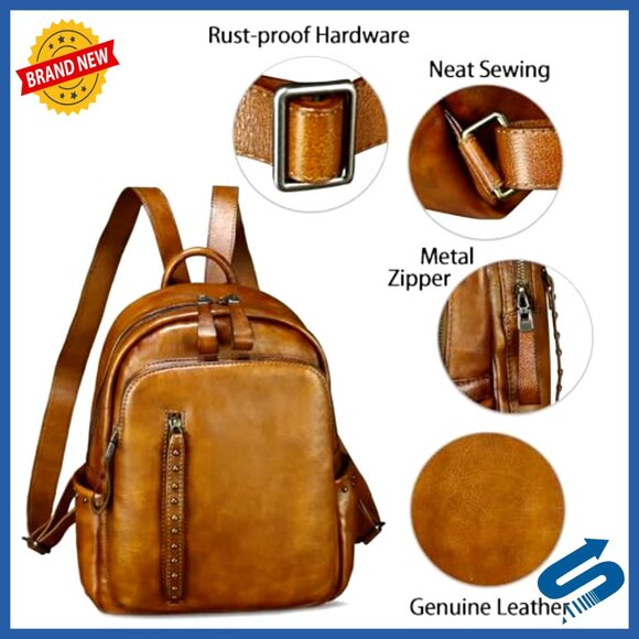 Genuine Leather Backpack Purse with Rivets, Vintage Western Style Daypack main image 6